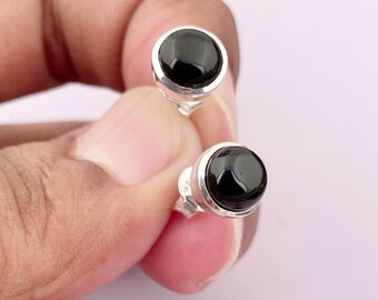Pendientes de ónix negro hechos a mano, pendientes redondos de piedras preciosas en plata de ley 925, joyería bohemia para mujer.