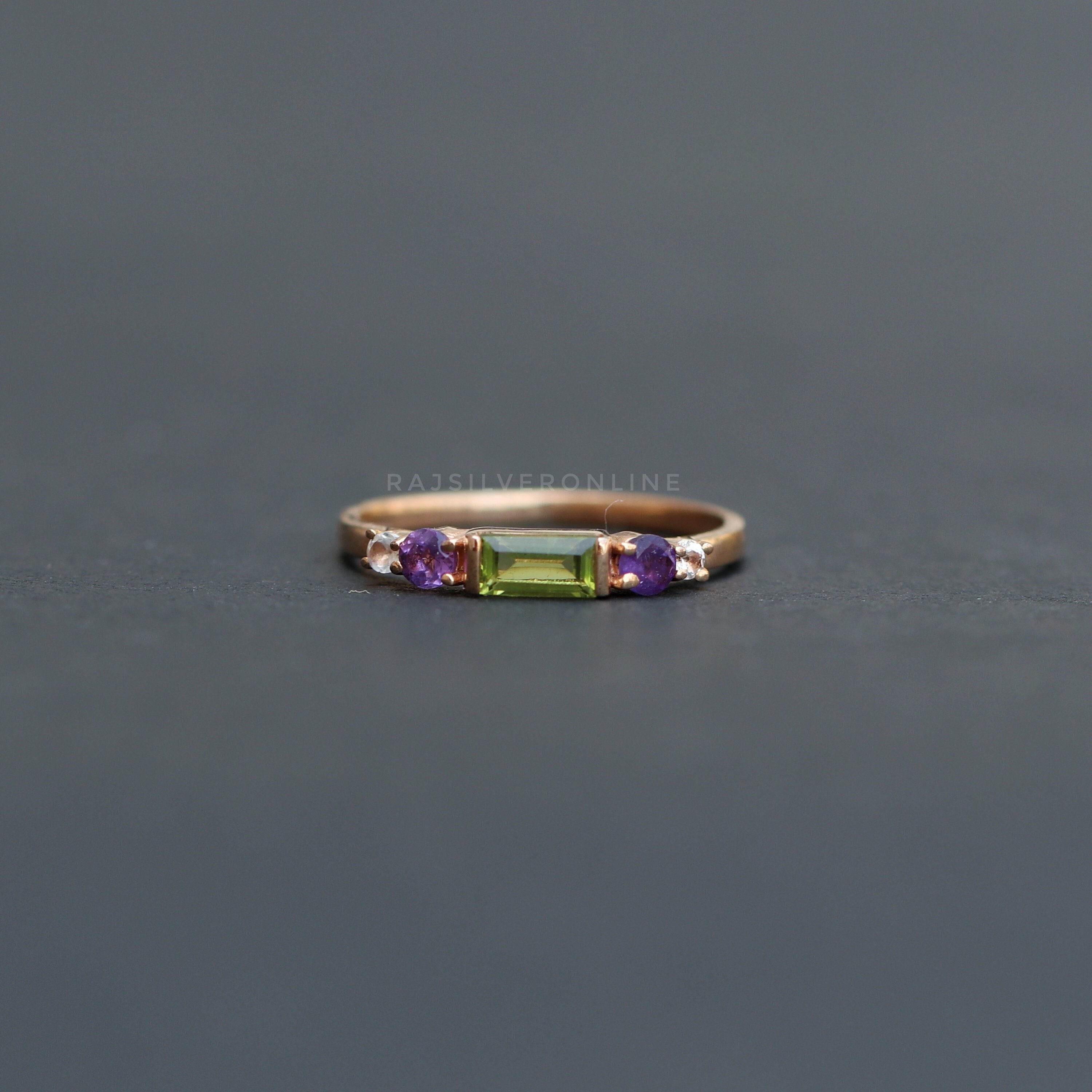 Peridot And Amethyst Ring, 18k Rose Gold Vermeil, 925 Sterling Silver Ring, Women's Engagement Ring, Handmade Wedding Jewelry, Gift For Her