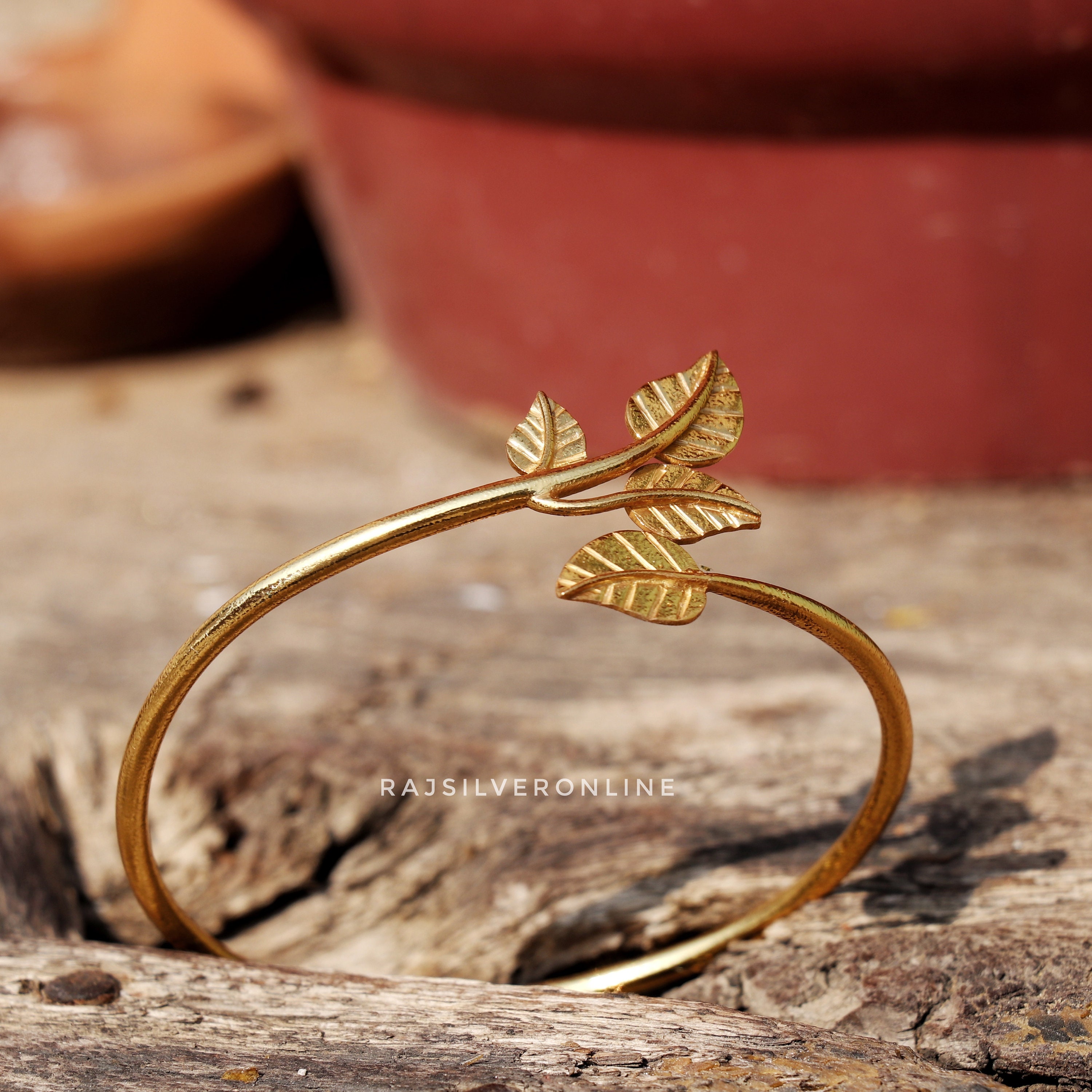 Leaf Bangle 18k Gold Plated: Handmade Sterling Silver Adjustable