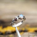 Crescent Moon Ring: Moonstone and Garnet Ring, Handmade Sterling Silver Band, Celestial Designer Jewelry