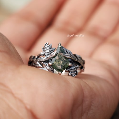 Sterling Silver Moss Agate Ring: Handmade Kite Gemstone Band, Nature Branches Ring, Wedding Jewelry