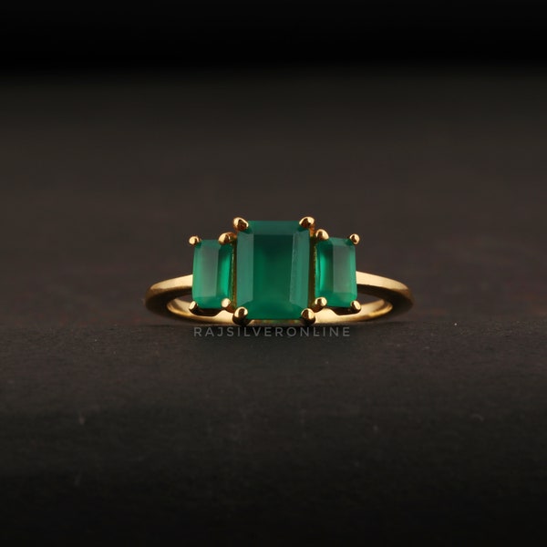 Natural Green Onyx Ring, 18k Gold Plated, 925 Sterling Silver Ring, Handmade Engagement Ring, Solitaire Ring, Emerald Cut Ring, Gift For Her