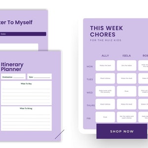 Puede incluir: Un conjunto de tres planificadores imprimibles de color lavanda. Los planificadores incluyen una carta a mí mismo, un planificador de itinerario y un cuadro de tareas semanales para los niños Ruiz. El cuadro de tareas tiene un botón "Comprar ahora".