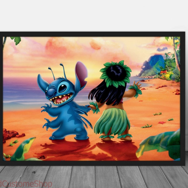 Lilo & Stitch On The Beach Movie Canvas Poster Wall Art Home Decor Framed Gift Idea For Him Her Fan