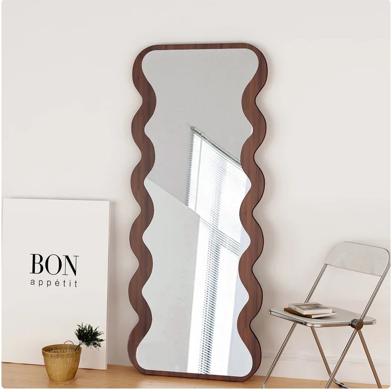 Wavy Wood Floor Full Body Mirror Asymmetrical Walnut Full Length Large  Mirror Irregular Floor Length Mirror Squiggle Standing Mirror 