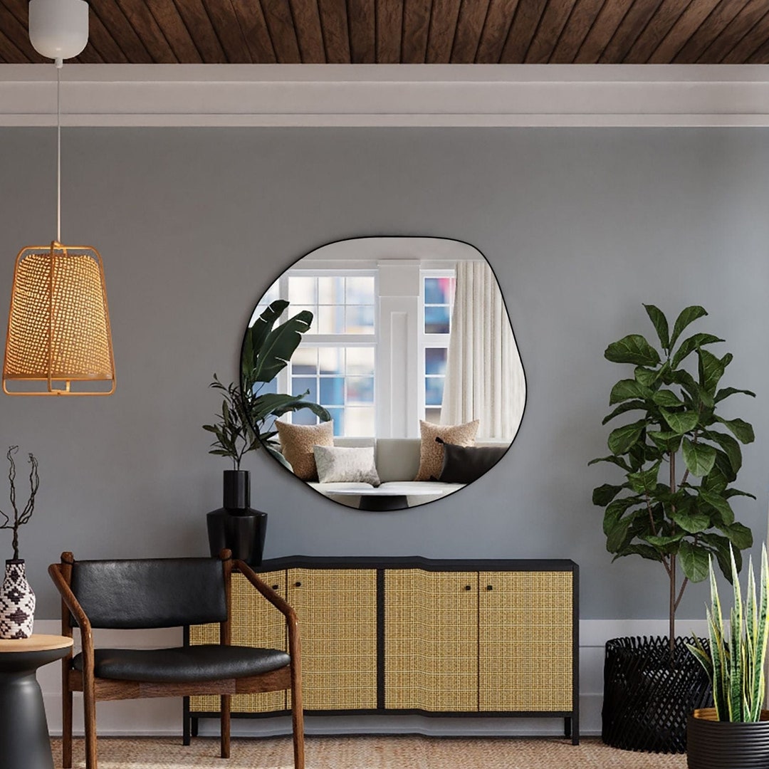 Asymmetrical Round Mirror Set of Black Wall Mirror Irregular Consol