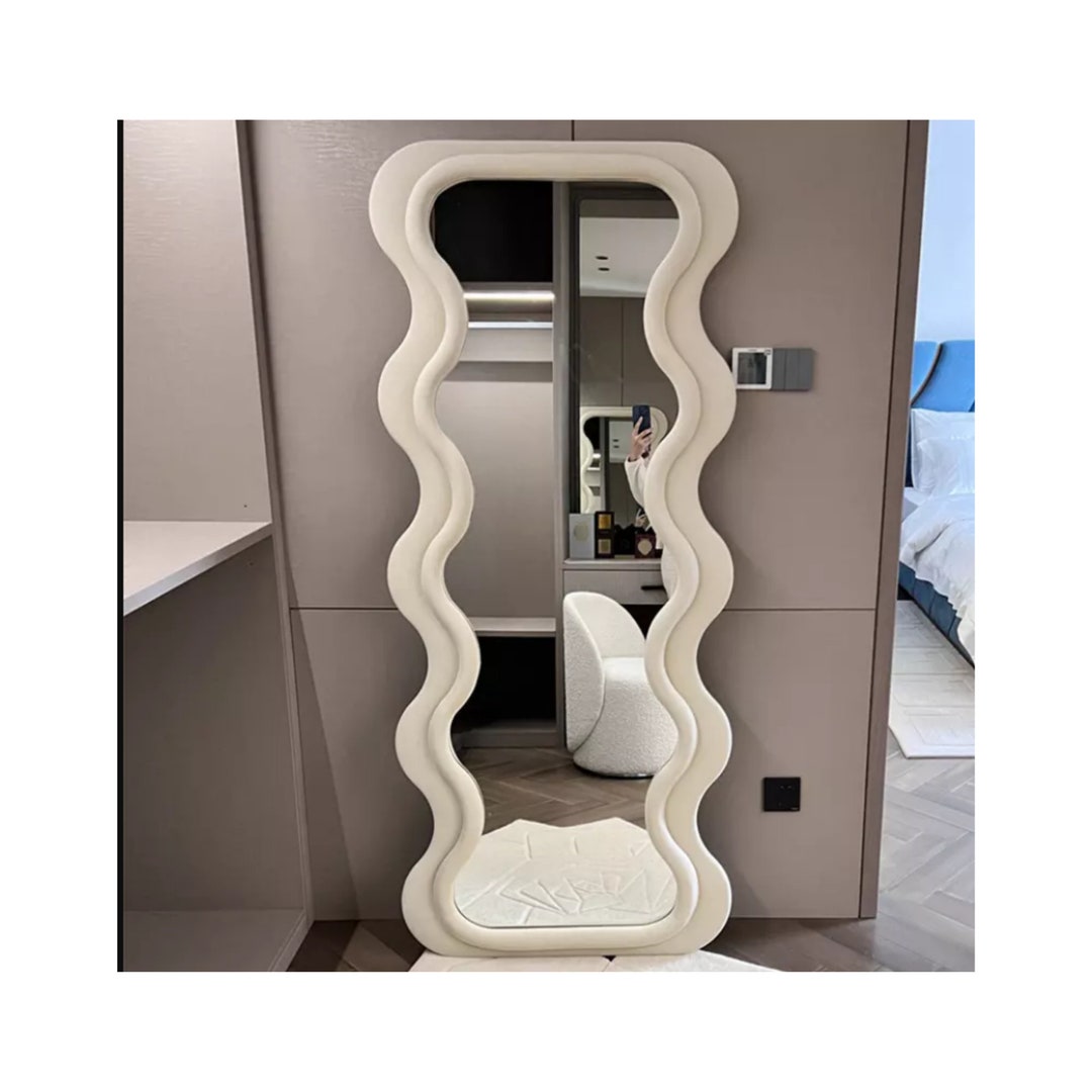 Unique Soft Velvet Wavy Floor Mirror Irregular Large Mirror Asymmetric