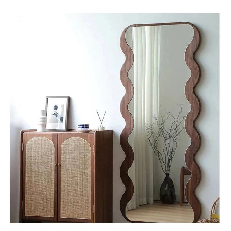 Wavy Wood Floor Full Body Mirror Asymmetrical Walnut Full Etsy