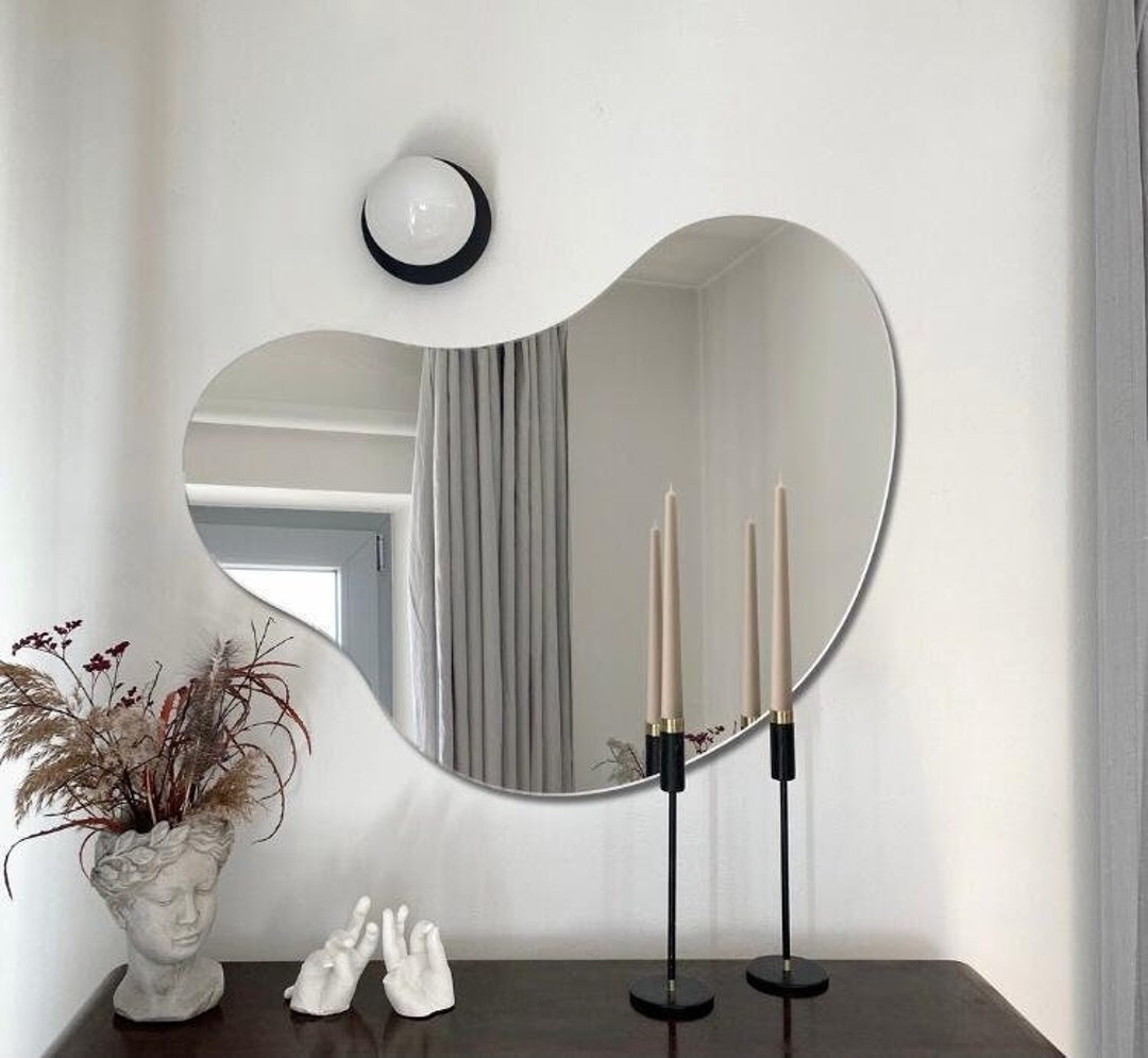 Espejo irregular de forma única, espejo asimétrico grande, espejo ondulado  para decoración de pared, espejo de nube con marco negro para baño, sala de