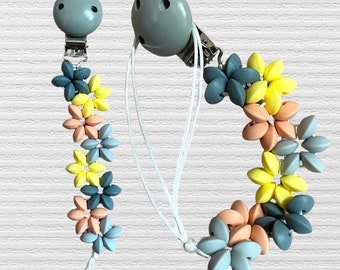 Clip per ciuccio con fiore fatto a mano, clip per ciuccio, regalo unico per ciuccio per bambini, clip per ciuccio realizzata con perline in silicone alimentare