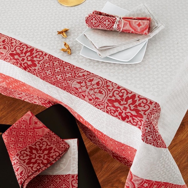 Nappe Jacquard Mosaïque Rouge et Blanc en Coton Enduit Acrylique