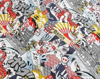 Japanese Printed Manga Cotton Fabric Oeko-Tex Red Yellow Blue White Background