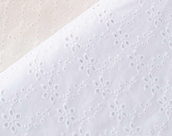 Cotton Fabric Broderie Anglaise Colors White and Ecru Flower and Small Sphere Pattern Oeko-Tex certified