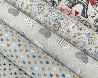 Tissu Coton Enduit Aspect Lin Motif Coeur Graphique et Paris en Coton et Polyester
