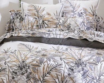 Taupe Gray and White Exotic Foliage Cotton Duvet Cover
