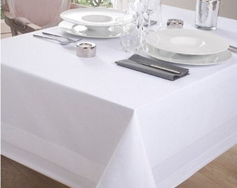 Nappe en Coton Blanche avec Bande Satin Format Rectangulaire et Carrée avec Serviettes Assorties