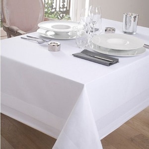 White Cotton Tablecloth with Satin Strip Rectangular and Square Format with Assorted Towels image 1