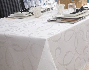 Nappe Damassée Rectangulaire et Ronde Motif Spirale Blanc Polyester Anti Tâches