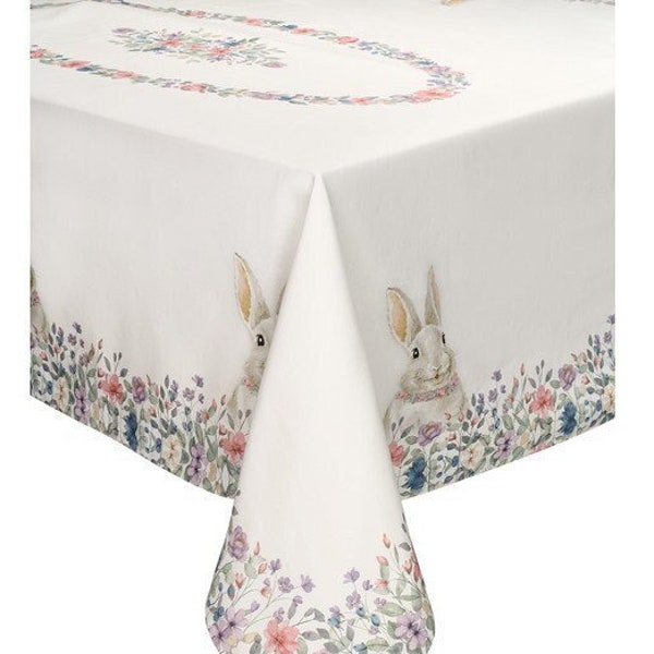 Nappe en Coton Imprimé Lapin Blanche avec Set de Table Serviettes et Assiette en Frise Décoration de Pâques