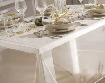 Translucent Sequined Tablecloth Silver Round and Transparent Rectangle and White Bias