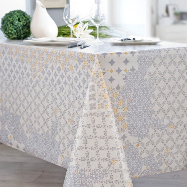 Nappe en Coton Enduit PVC Mat Motif Oriental Gris et Jaune Fond Blanc en Format Rectangle Rond et Carré