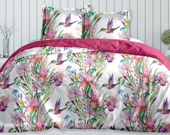 Parure De Lit Colibri et Fleurs Rose Vert Coton Ensemble Housse de Couette et Taies d'oreiller Percale de Coton