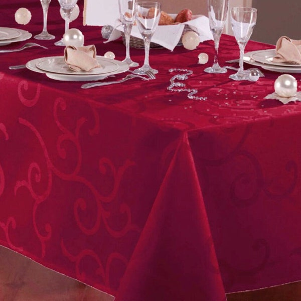 Nappe de Noël Damassé Enduit Polyester Imprimé Rouge Ton sur Ton