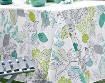 Polyester Tablecloth Foliage Camaieu of Green Rectangular Format for Garden Veranda and Dining Room Table Anti-Stain