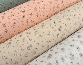 Tecidos de algodão de gaze dupla com estampa floral (certificados pela Oeko-Tex) para vestidos, roupas, decoração e acessórios.