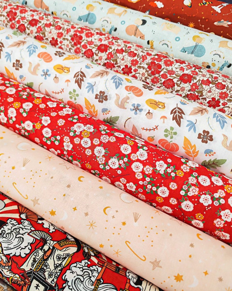 Oeko-Tex Printed Cotton Fabrics Children's Planets and Flowers and Japanese Patterns image 1