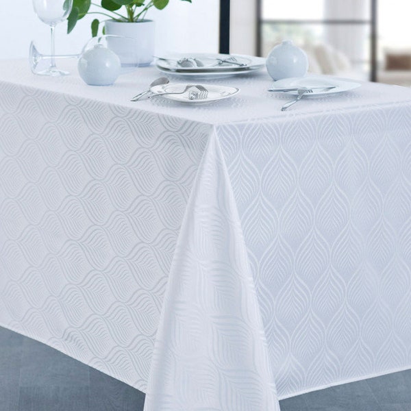 Nappe Damassée Contemporaine Rectangulaire 100% Polyester Blanc Anti-tâche Motif Cinétique