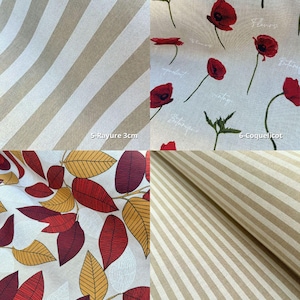 Peut inclure: Quatre &eacute;chantillons de tissu avec diff&eacute;rents motifs. En haut &agrave; gauche : rayures beiges et blanches, &eacute;tiquet&eacute;es "5-Rayure 3cm". En haut &agrave; droite : tissu blanc avec des coquelicots rouges et du texte. En bas &agrave; gauche : tissu blanc avec des feuilles rouges et jaunes, &eacute;tiquet&eacute; "7-Feuille Terracotta". En bas &agrave; droite : rayures beiges et blanches, &eacute;tiquet&eacute;es "8-Rayure 1cm".