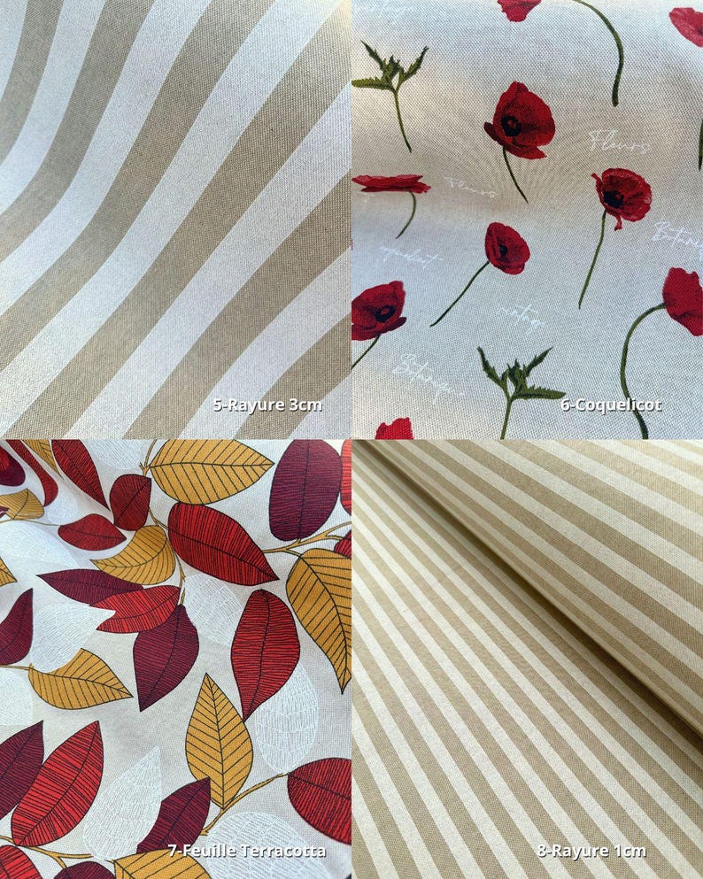 Peut inclure: Quatre &eacute;chantillons de tissu avec diff&eacute;rents motifs. En haut &agrave; gauche : rayures beiges et blanches, &eacute;tiquet&eacute;es "5-Rayure 3cm". En haut &agrave; droite : tissu blanc avec des coquelicots rouges et du texte. En bas &agrave; gauche : tissu blanc avec des feuilles rouges et jaunes, &eacute;tiquet&eacute; "7-Feuille Terracotta". En bas &agrave; droite : rayures beiges et blanches, &eacute;tiquet&eacute;es "8-Rayure 1cm".