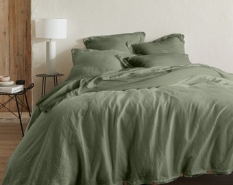 Bettwäsche in Hanf und Bio-Baumwolle Khaki Farbe mit Holzknöpfen