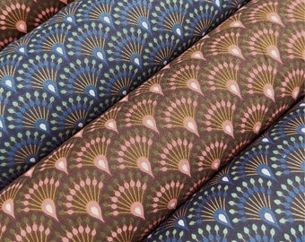 Art Deco Printed Coated Cotton Fabrics Aubergine Pink and Indigo Blue Oeko Tex