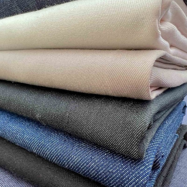 Tissus Jeans Unis Stretch 6 Coloris Bleu Denim Noir Anthracite Gris Écru et Taupe