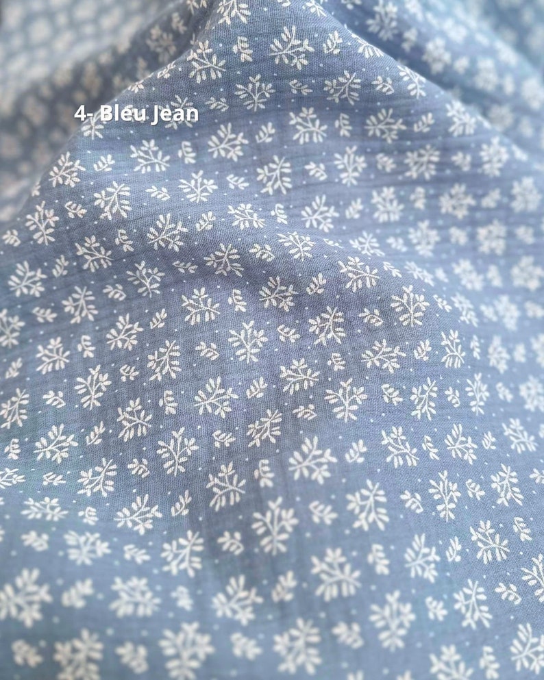 Double Cotton Gauze Flower Prints Oeko Tex 4 Colors 4-Bleu Jean