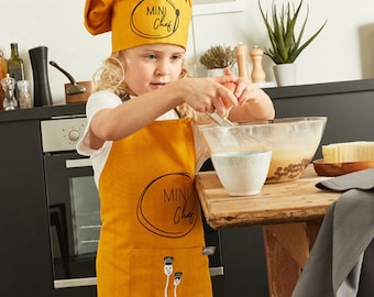 Apron Lot + Armed Cotton Kitchen Toque for Kids Mixed Yellow Curry Gifts for Little Girls and Boys