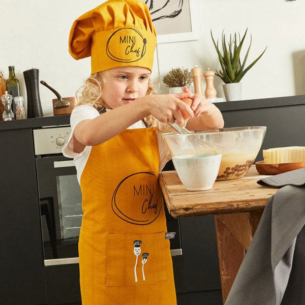 Lot Tablier + Toque de Cuisine en Coton Armuré pour Enfant Mixte Jaune Curry Cadeaux Pour Petites Filles et Garçons