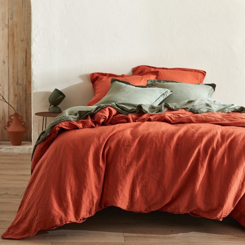 Bed Linen in Hemp and Organic Cotton Terracotta color with Wooden Buttons image 1