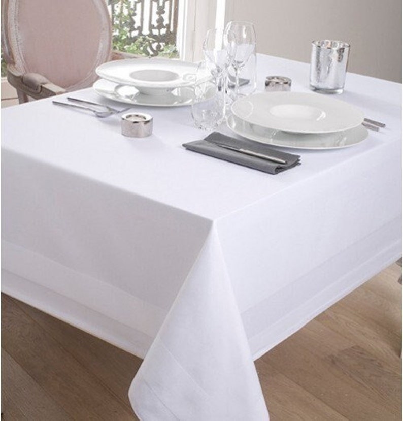 White Cotton Tablecloth with Satin Strip Rectangular and Square Format with Assorted Towels image 1