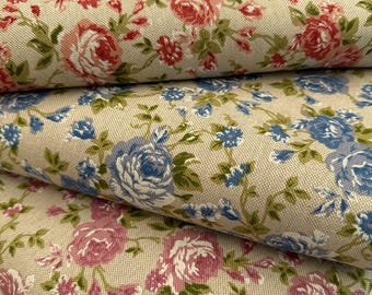 Tissu Polycoton Style Cottage Aspect Lin Motifs Fleurs et Carreaux Grande Largeur 280 cm