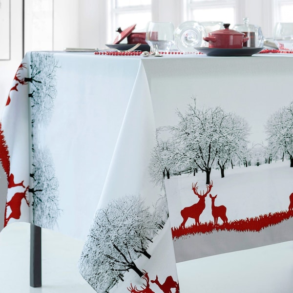 Nappe de Noël Rectangulaire Polyester Enneigé Blanc Motif Rennes Hiver Blanc et Rouge