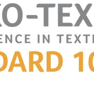 May include: Gray and white Oeko-Tex Standard 100 logo with the text "Confidence in Textiles" and a stylized globe graphic.
