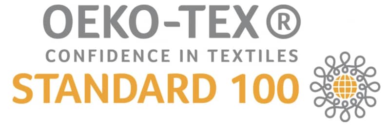 May include: Gray and white Oeko-Tex Standard 100 logo with the text "Confidence in Textiles" and a stylized globe graphic.