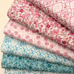 Tissus Popelines de Coton Fleuris Rose et Bleu 120g Oeko Tex