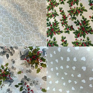 Peut inclure: Quatre &eacute;chantillons de tissu avec diff&eacute;rents motifs. En haut &agrave; gauche : motif g&eacute;om&eacute;trique. En haut &agrave; droite : houx et baies rouges. En bas &agrave; gauche : eucalyptus, houx et baies. En bas &agrave; droite : coeurs blancs sur fond clair. Texte : 13-Graphique, 14-Houx, 15-Houx Gris, 16-Coeur Blanc.