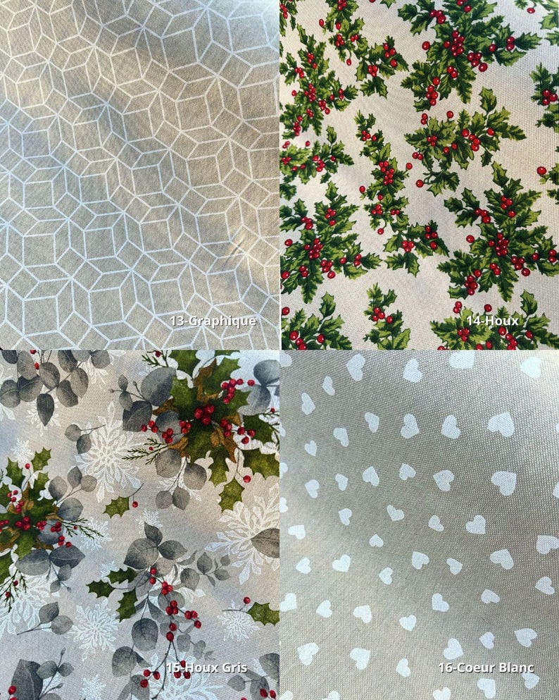 Peut inclure: Quatre &eacute;chantillons de tissu avec diff&eacute;rents motifs. En haut &agrave; gauche : motif g&eacute;om&eacute;trique. En haut &agrave; droite : houx et baies rouges. En bas &agrave; gauche : eucalyptus, houx et baies. En bas &agrave; droite : coeurs blancs sur fond clair. Texte : 13-Graphique, 14-Houx, 15-Houx Gris, 16-Coeur Blanc.