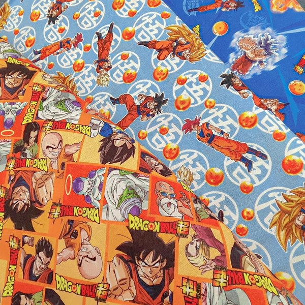 Tissu Coton Dragon Ball Super sous licence Fond Orange Bleu Ciel et Bleu Électrique Oeko-Tex