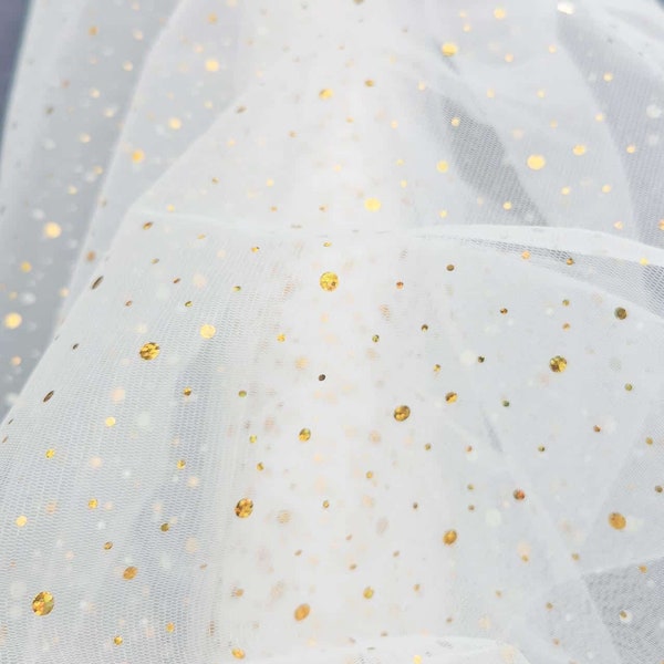 Tissu Tulle Blanc Pailleté Or Tissu pour Décoration de Tables de Fêtes Anniversaires Danse Costume et Déguisements
